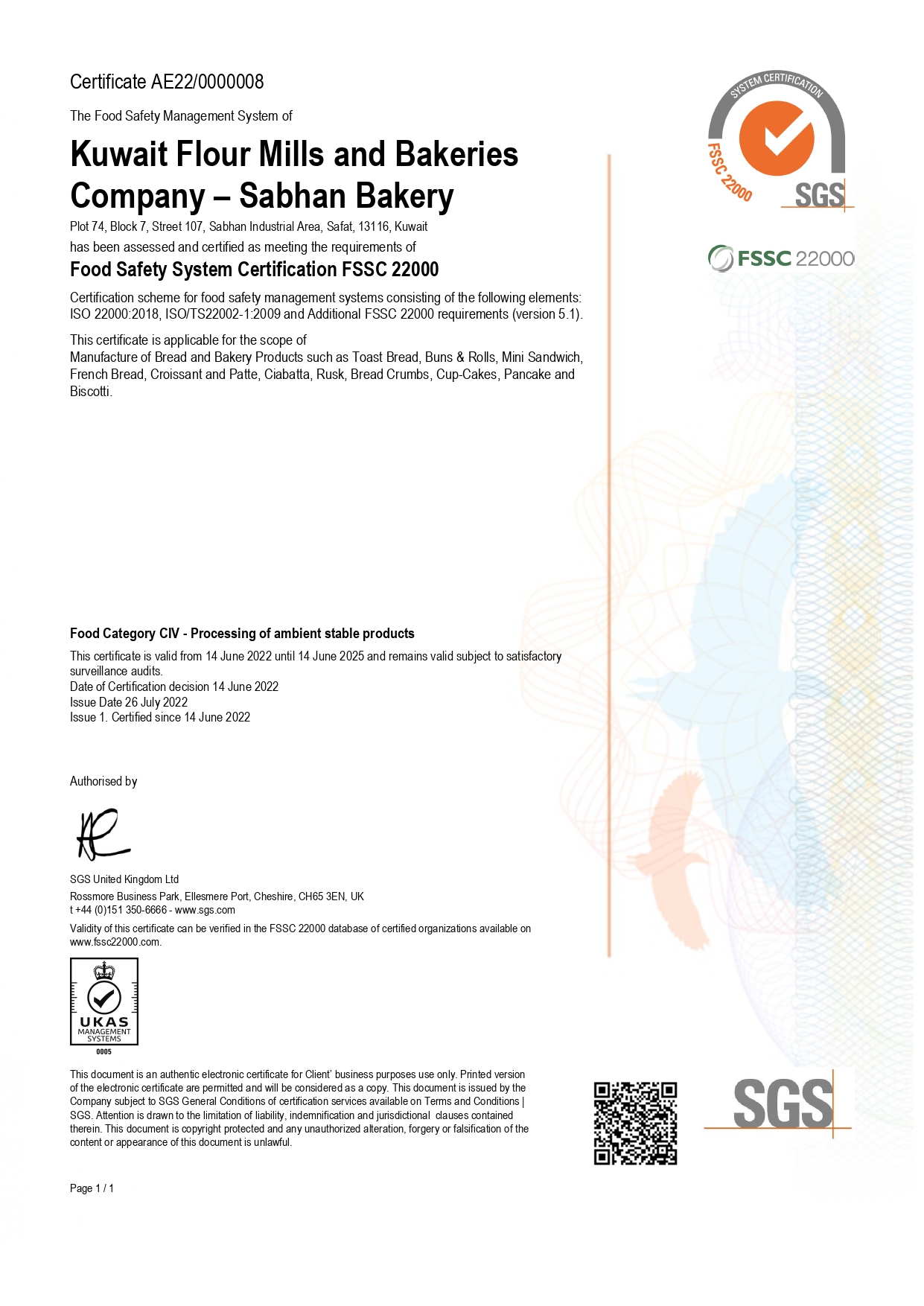 FSSC 22000_V 5_1 - certification for Sabhan_valid till 2025